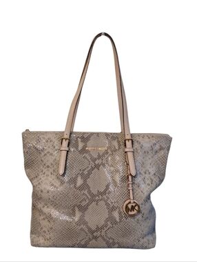 Michael Kors Taupe Python Snake-Print Jet Set Tote Shoulder Bag